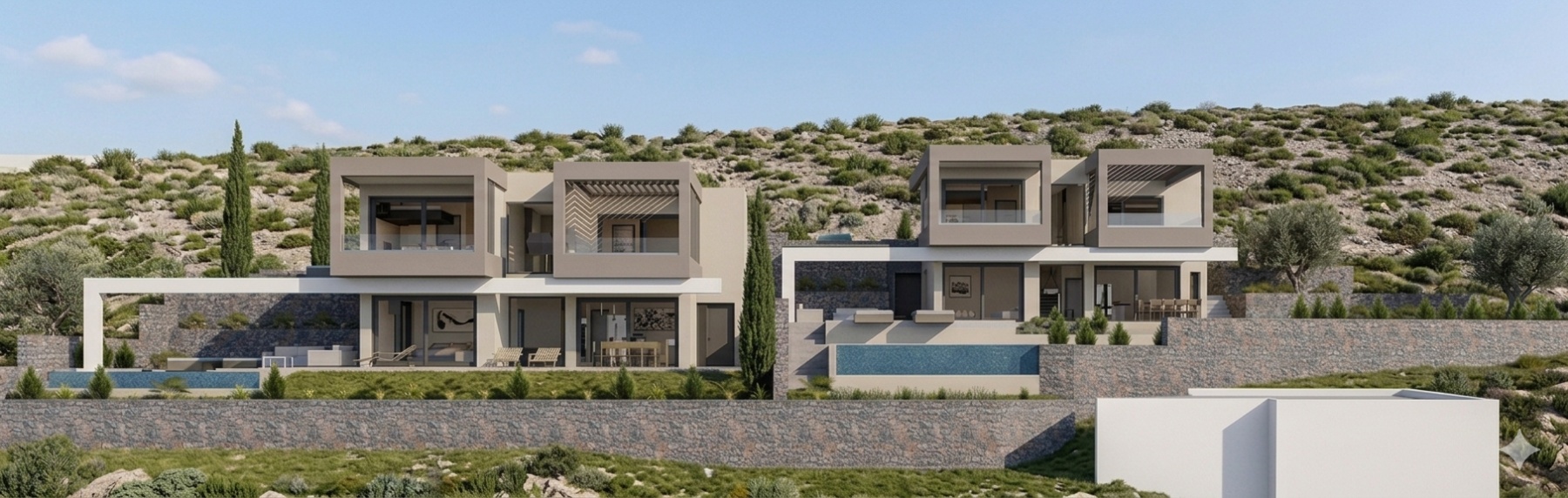 Render of Villa Thalassa and Villa Petra side by side on the terraced hillside, each with its infinity pool