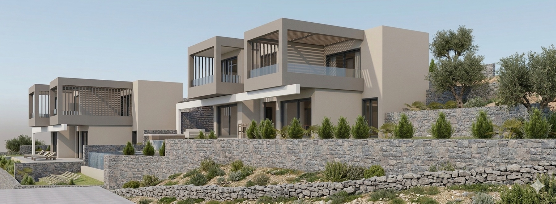 Render of the two villas from the garden side, behind dry-stone walls and cypress trees