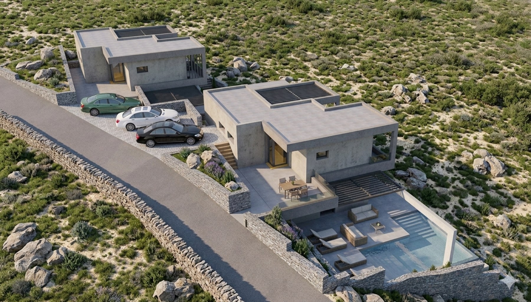 Aerial render of the two villas on the Elliniko hillside, with the access road and terraced stone walls