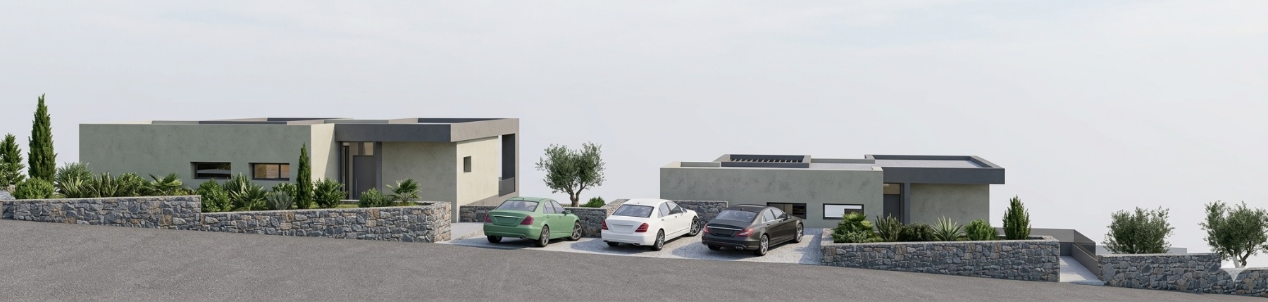 Render of the villas' street elevation and arrival court
