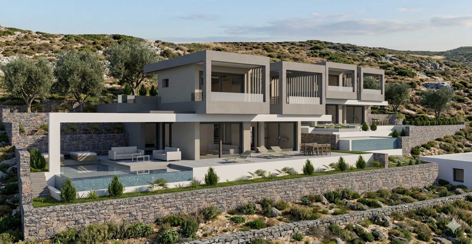Render of the villa terraces and infinity pool set into the stone hillside