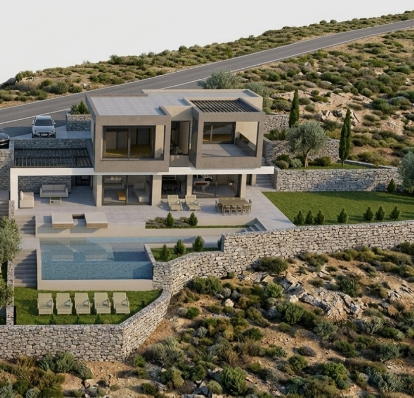 Render of Villa Petra with its infinity pool, lawn and dry-stone walls